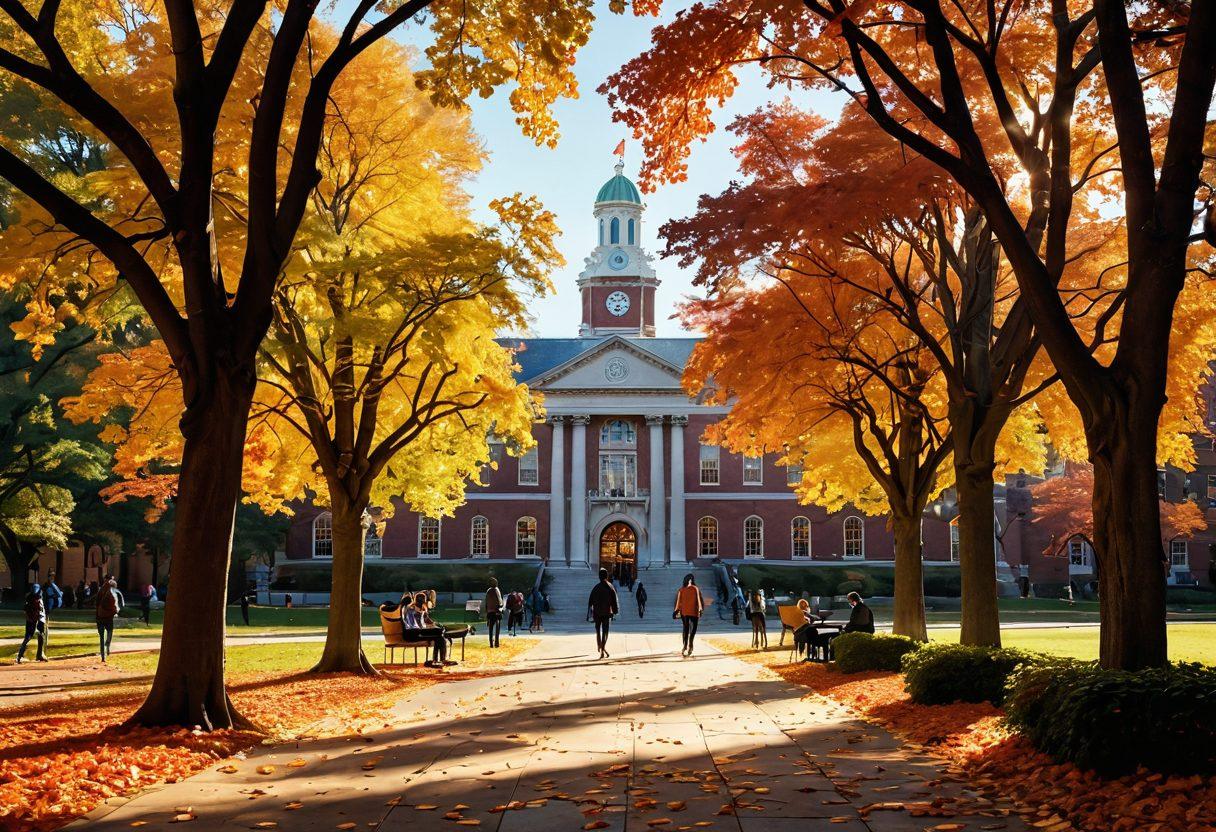 A captivating scene showcasing an Ivy League campus in autumn, with students engaging in animated discussions under towering, historic buildings. Include subtle hints of elite culture like vintage books, classic cars, and exclusive events. Soft golden light filtering through colorful leaves enhances the cozy yet refined atmosphere. capture the essence of tradition and modernity. vibrant colors. super-realistic.