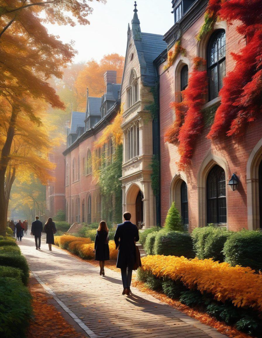A luxurious Ivy League campus landscape with stately gothic architecture, vibrant autumn foliage surrounding elegant brick buildings, students in tailored outfits engaged in lively discussions, and hidden pathways suggesting secrets to explore. The atmosphere is rich with an air of sophistication and confidentiality. super-realistic. vibrant colors. soft focus.