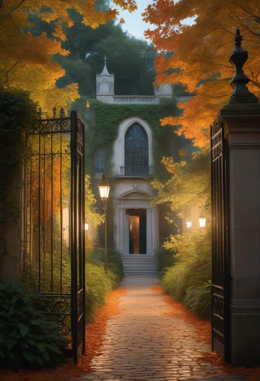A serene, ivy-covered university campus at twilight, with muted hues that evoke a sense of mystery. An elegant figure stands in the foreground, half-hidden behind a large, intricate iron gate that symbolizes privacy and exclusivity. Soft, warm lights glow from a distant building, hinting at the hidden social life within. Lush greenery and scattered autumn leaves create a tranquil atmosphere. ethereal lighting. super-realistic. soft color palette.